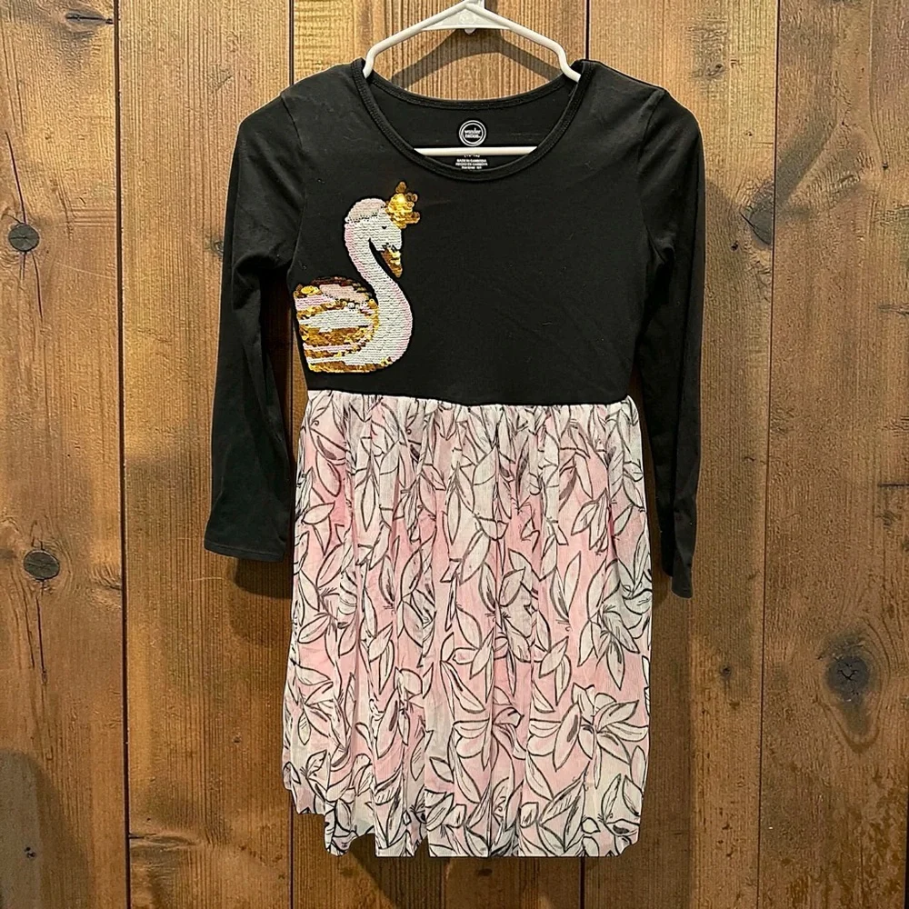 Black & Pink Swirl Swan Long Sleeve Dress girls size LARGE